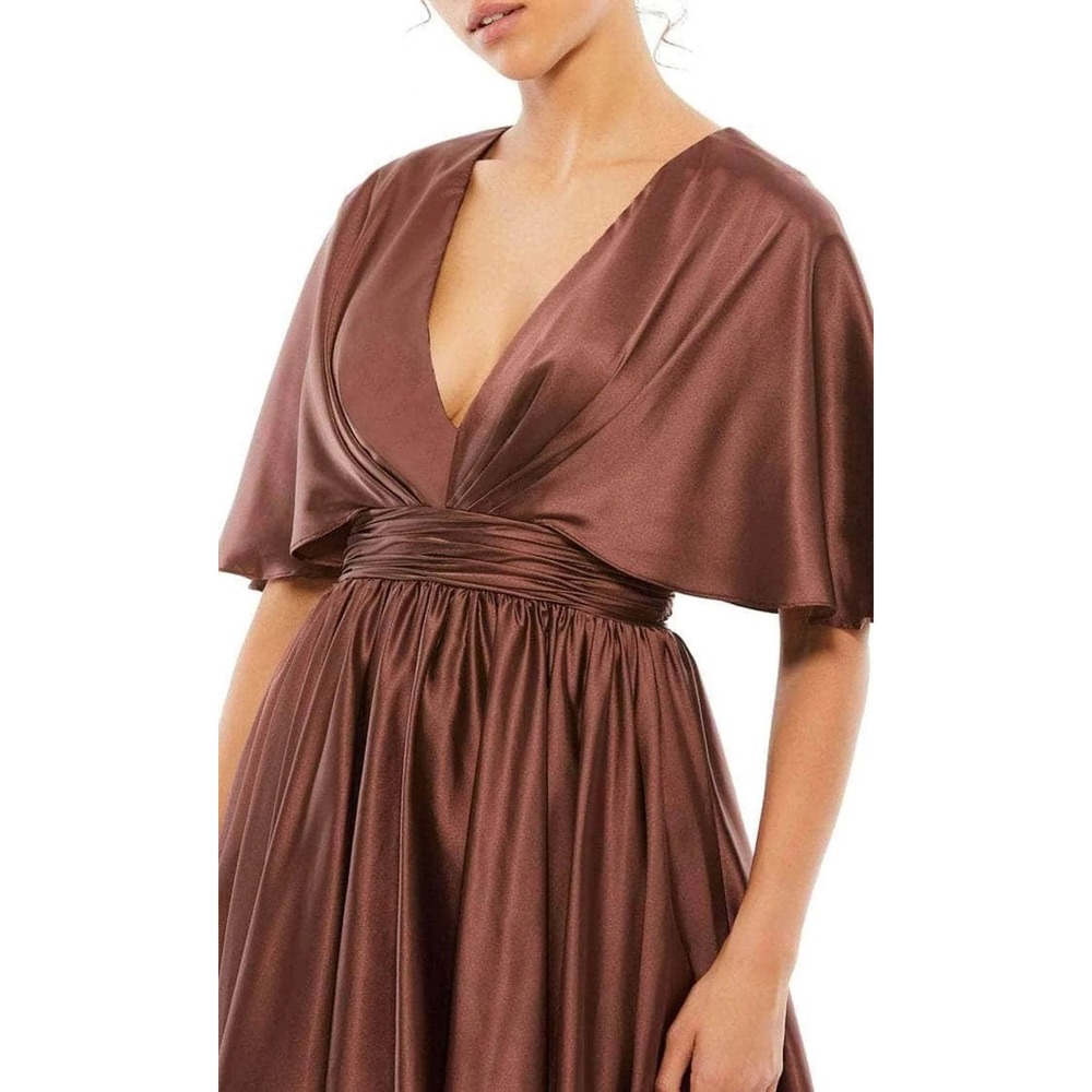 Mac Duggal Chocolate Brown Satin Flowy Cape Sleeve Mini Dress Size 6 - Picture 2 of 6